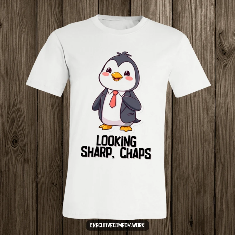 Funny T-Shirt showcasing a happy penguin in a sharp suit, adjusting its tie, embodying class and humor.