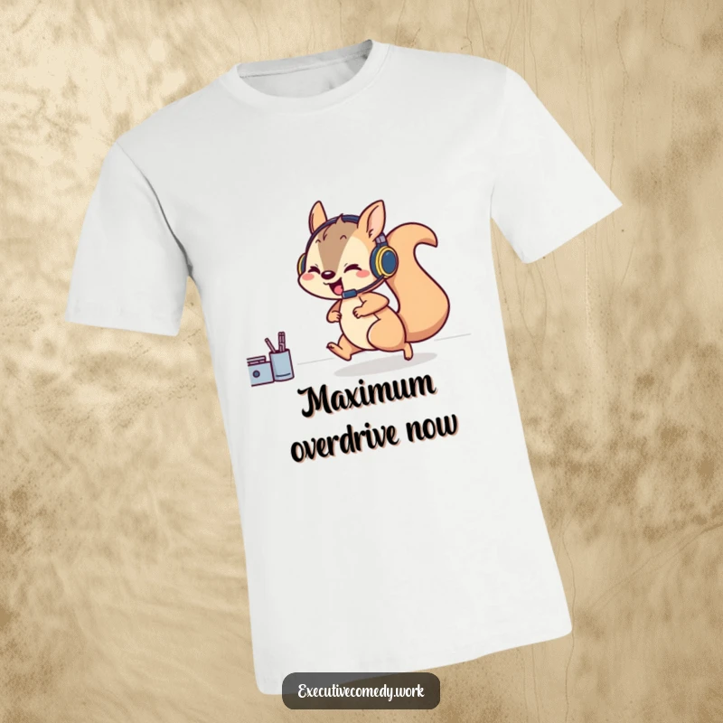Funny T-shirt depicting a playful squirrel in a headset zooming across a desk, symbolizing speed and focus.