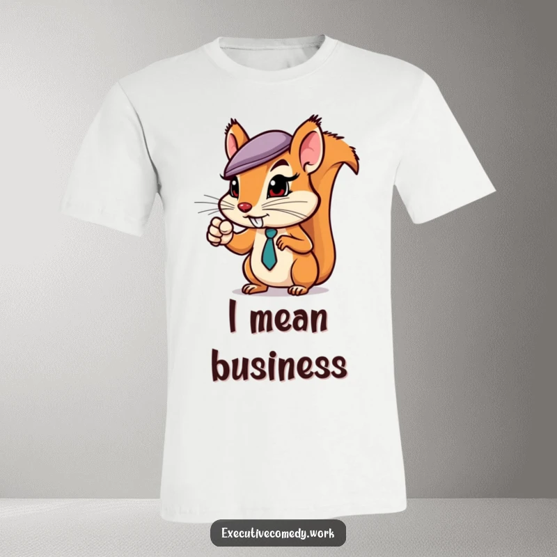 Funny squirrel in a miniature business hat pointing assertively, printed on a t-shirt to convey determination and office wit.