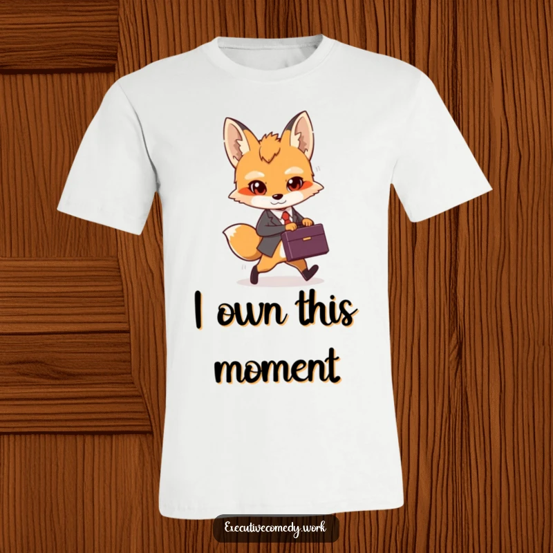 Funny determined fox cub holding a briefcase, striding confidently forward on a stylish t-shirt.