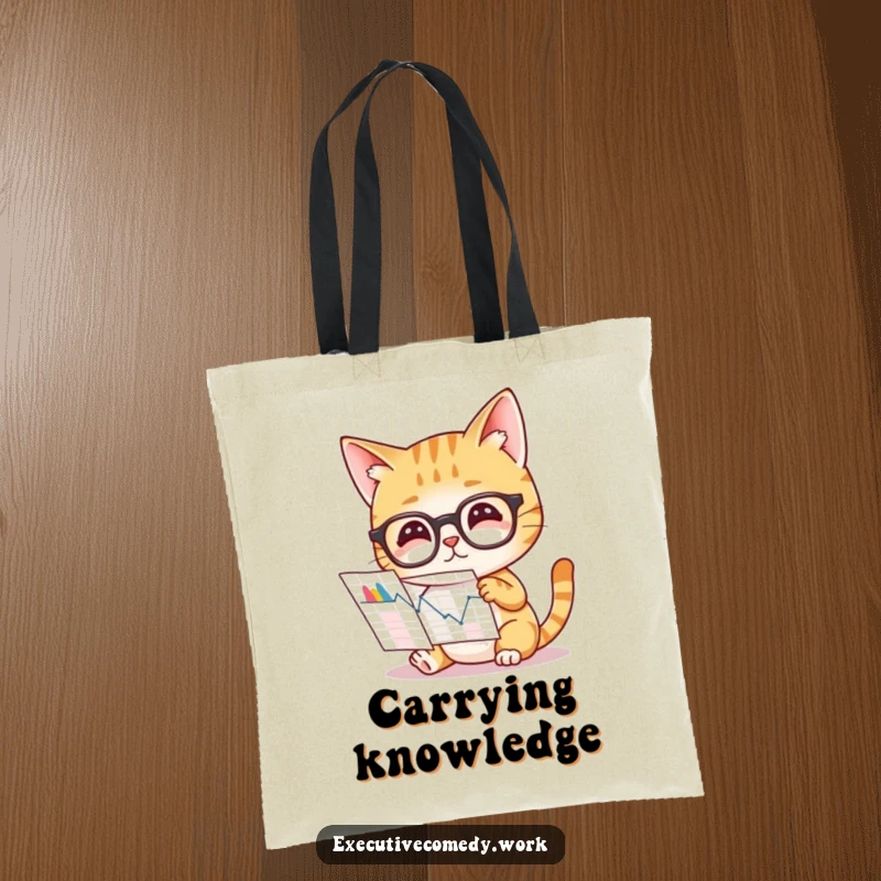 Funny tote bag with a curious cat wearing glasses, studying a complex graph, symbolizing intelligence and organization.
