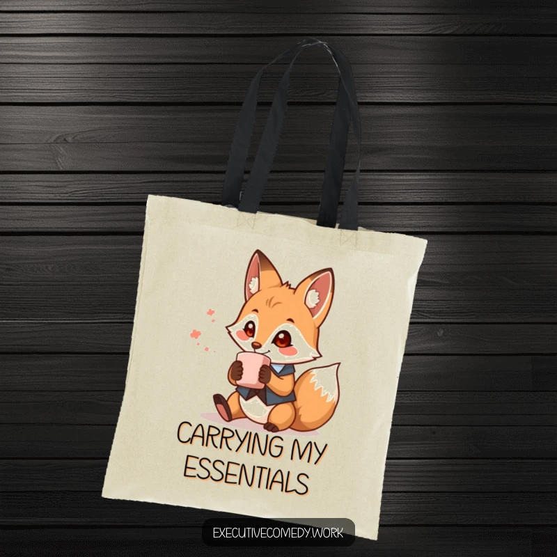 Funny fox in a smart waistcoat holding a steaming coffee mug, on a tote bag, perfect for stylish and humorous shopping.