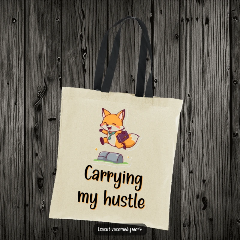 Funny tote bag with a happy fox holding a briefcase, leaping over a small obstacle, ready for any task.