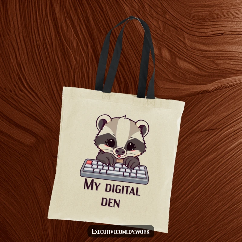 Funny tote bag with a determined badger using large paws to type on a keyboard, symbolizing productivity.