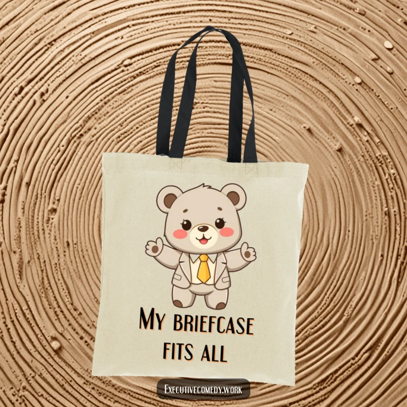 Funny bear cub dressed in a tiny suit and tie, enthusiastically presenting ideas while carrying a stylish tote bag.