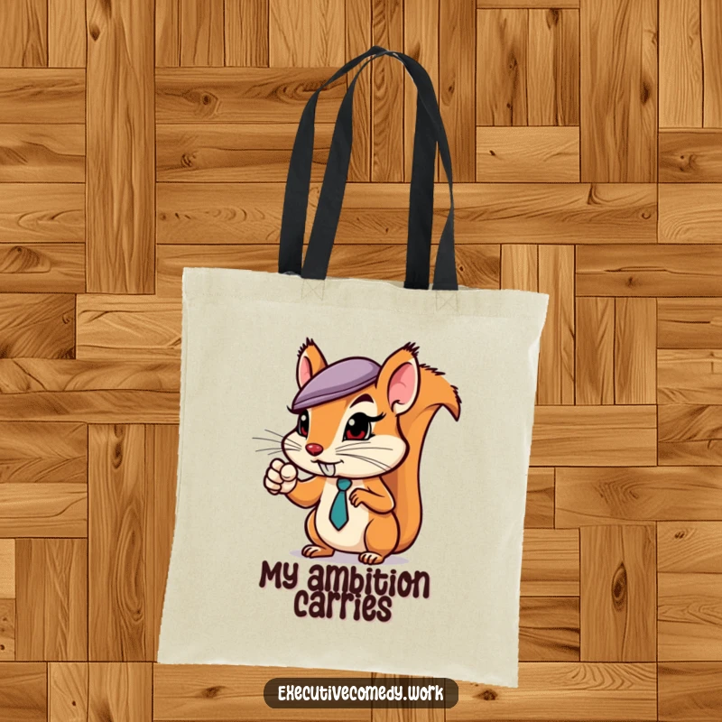 Funny squirrel in a business hat pointing assertively on a tote bag, perfect for carrying documents and inspiring ambition.