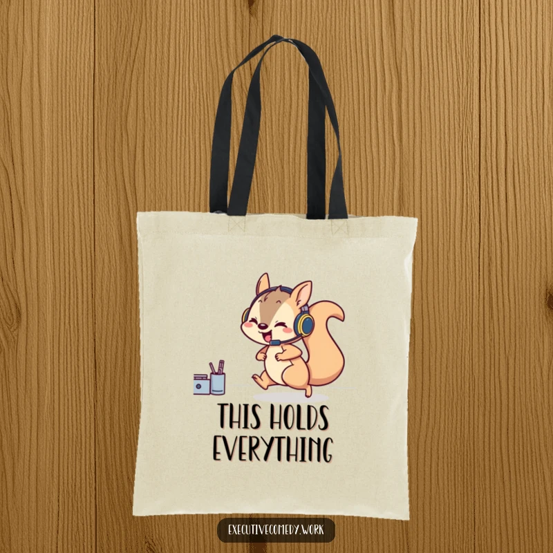Funny tote bag with a playful squirrel in a headset rushing across a desk, symbolising speed and organization.