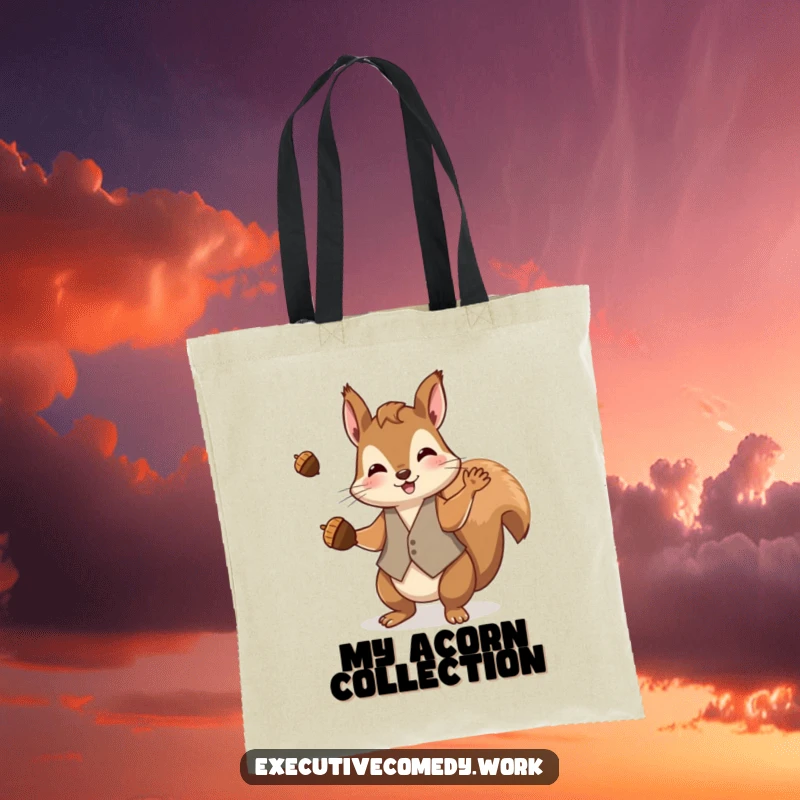 Funny squirrel wearing a waistcoat, juggling acorns with speed and agility on a durable tote bag.