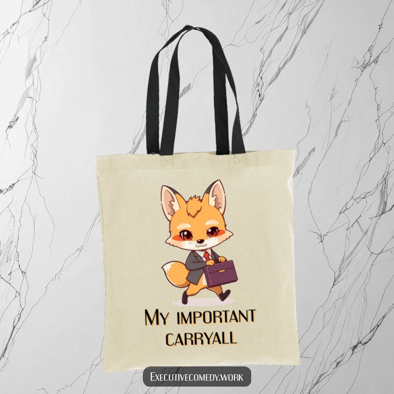 Funny determined fox cub with a briefcase, confidently striding forward on a durable tote bag.