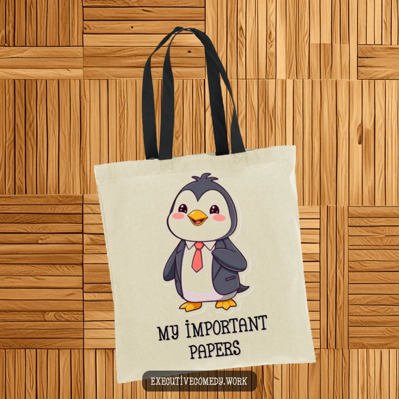 Funny Tote Bag with a happy penguin in a sharp suit, adjusting its tie, practical and elegant.