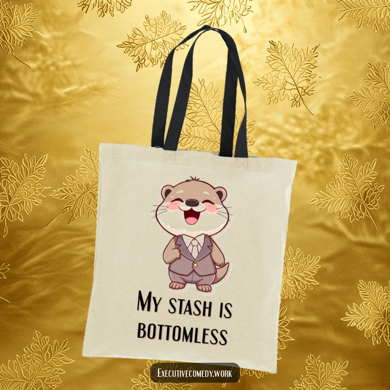 Funny otter wearing a tiny suit, roaring with laughter while carrying a chic tote bag.